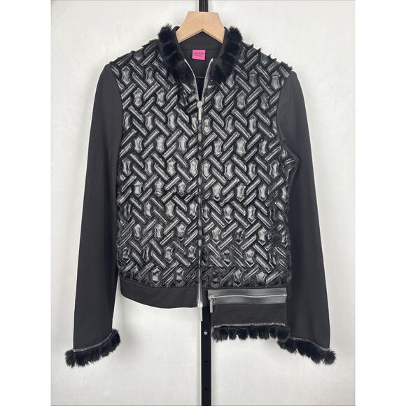Save the Queen Italy Faux Leather Jacket Womens Medium Black Faux Fur Geometric - Picture 2 of 13